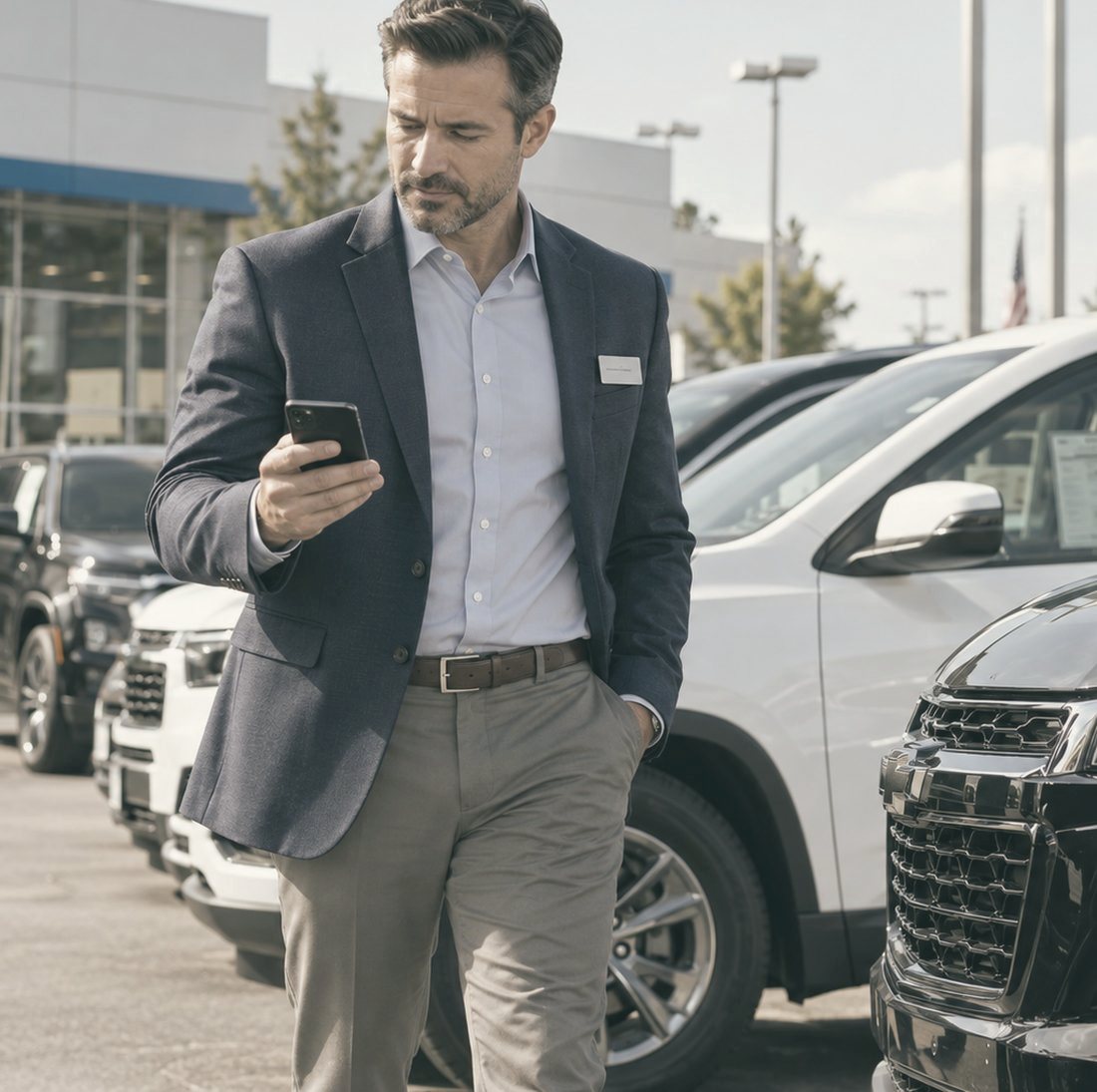 A salesperson checking his phone while walking a dealership lot